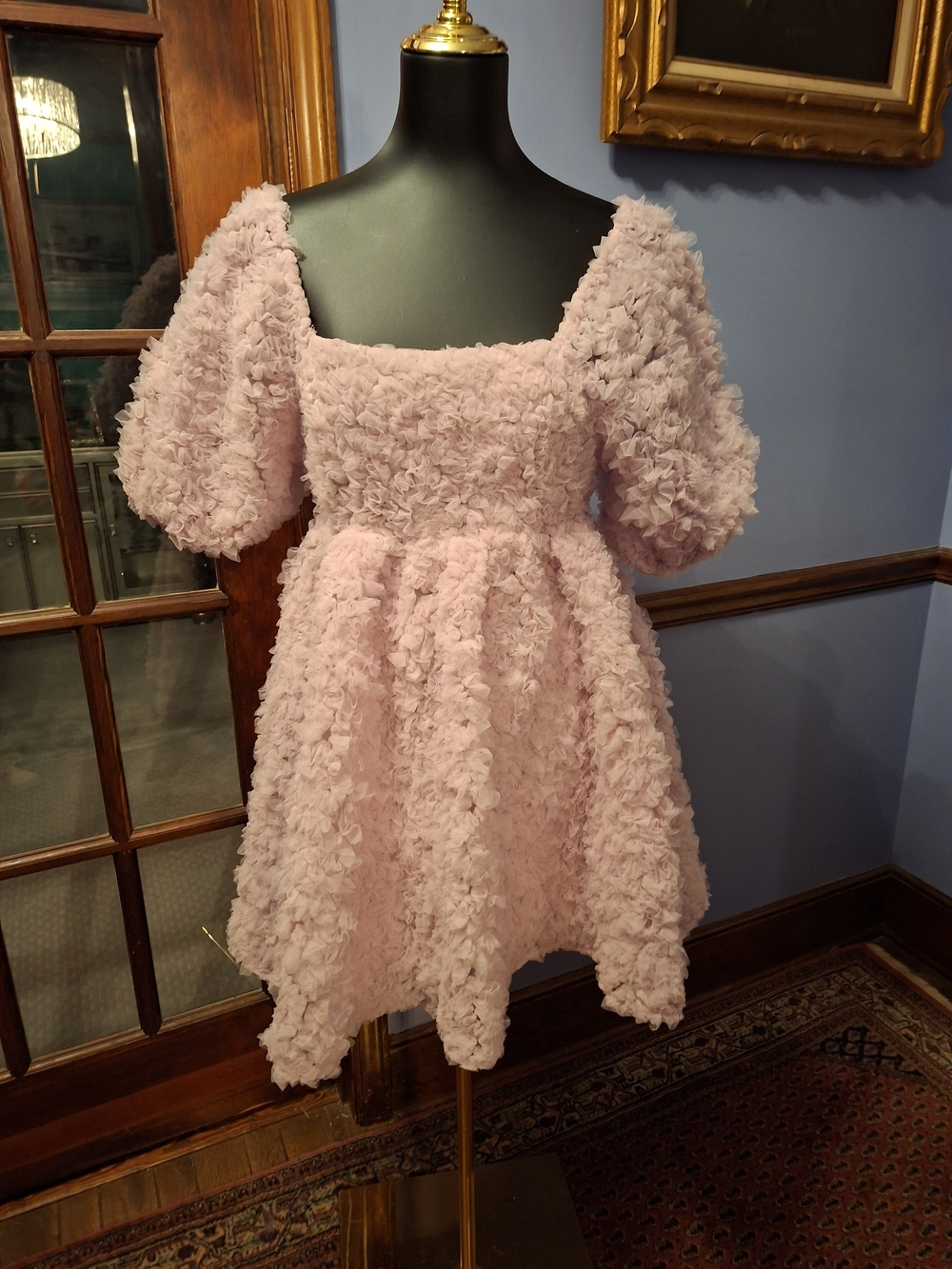 Pink Puff-Sleeve Textured Party Dress